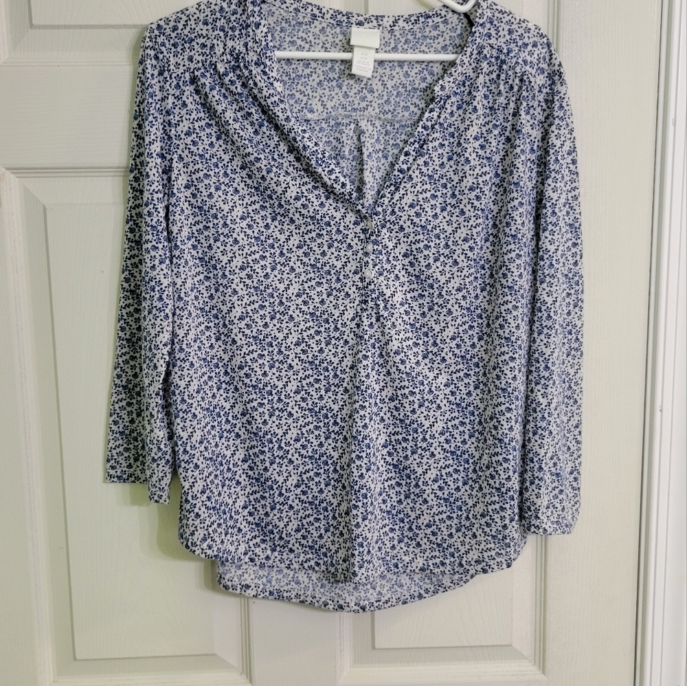 H&M Shirt Floral Henley Long Sleeve Blue White Print Women's Size M